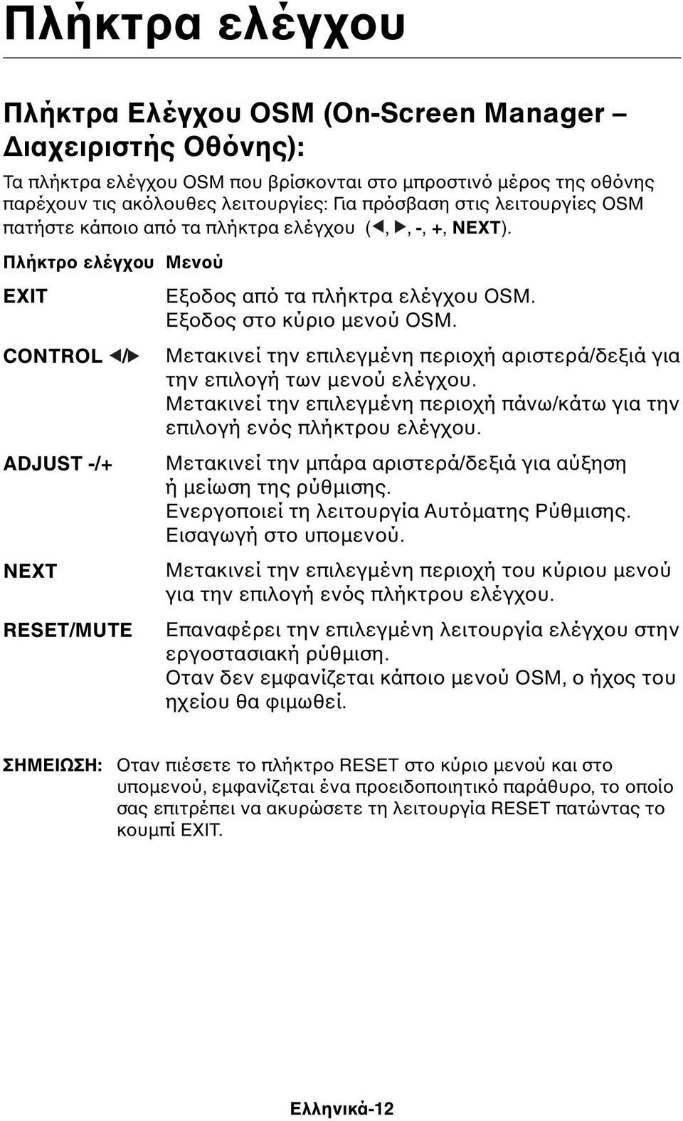 Μετακινεί την επιλεγµένη περιοχή αριστερά/δεξιά για την επιλογή των µενού ελέγχου. Μετακινεί την επιλεγµένη περιοχή πάνω/κάτω για την επιλογή ενός πλήκτρου ελέγχου.