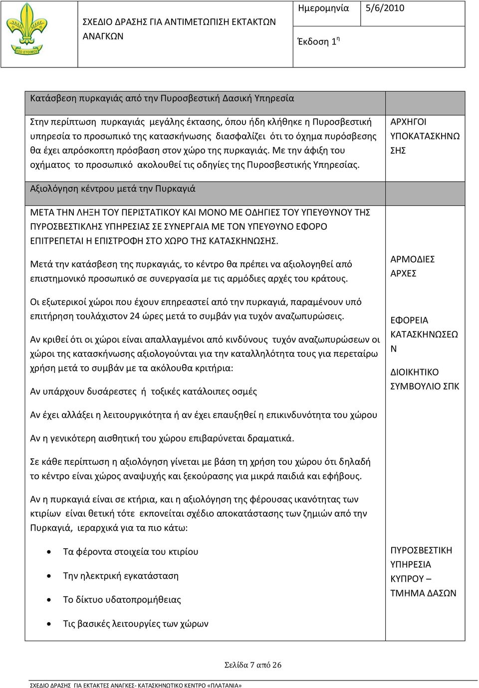 ΑΡΧΗΓΟΙ ΥΠΟΚΑΤΑΣΚΗΝΩ ΣΗΣ Αξιολόγηση κέντρου μετά την Πυρκαγιά ΜΕΤΑ ΤΗΝ ΛΗΞΗ ΤΟΥ ΠΕΡΙΣΤΑΤΙΚΟΥ ΚΑΙ ΜΟΝΟ ΜΕ ΟΔΗΓΙΕΣ ΤΟΥ ΥΠΕΥΘΥΝΟΥ ΤΗΣ ΠΥΡΟΣΒΕΣΤΙΚΛΗΣ ΥΠΗΡΕΣΙΑΣ ΣΕ ΣΥΝΕΡΓΑΙΑ ΜΕ ΤΟΝ ΥΠΕΥΘΥΝΟ ΕΦΟΡΟ