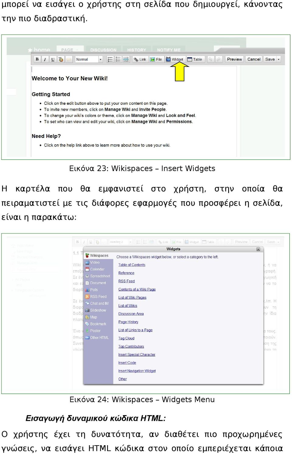 διάφορες εφαρμογές που προσφέρει η σελίδα, είναι η παρακάτω: Εικόνα 24: Wikispaces Widgets Menu Εισαγωγή