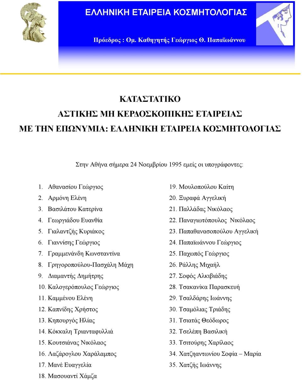 Αρμόνη Ελένη 3. Βασιλάτου Κατερίνα 4. Γεωργιάδου Ευανθία 5. Γιαλαντζής Κυριάκος 6. Γιαννίσης Γεώργιος 7. Γραμμενάνδη Κωνσταντίνα 8. Γρηγοροπούλου-Πασχάλη Μάχη 9. Διαμαντής Δημήτρης 10.