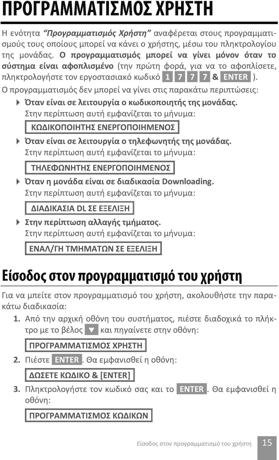 Ο προγραμματισμός δεν μπορεί να γίνει στις παρακάτω περιπτώσεις: Όταν είναι σε λειτουργία ο κωδικοποιητής της μονάδας.