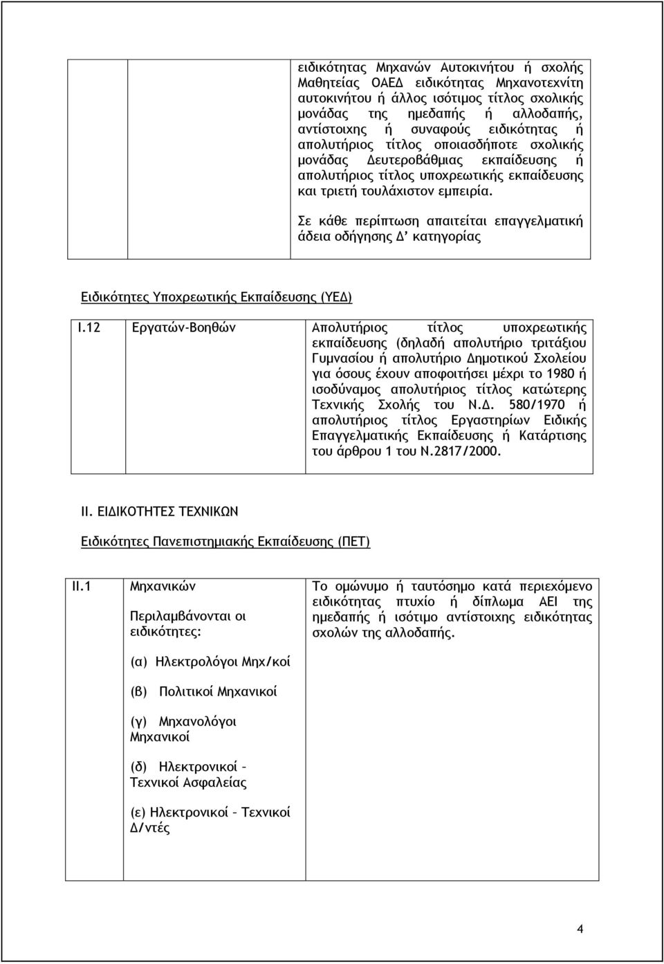 Σε κάθε περίπτωση απαιτείται επαγγελματική άδεια οδήγησης Δ κατηγορίας Ειδικότητες Υποχρεωτικής Εκπαίδευσης (ΥΕΔ) Ι.