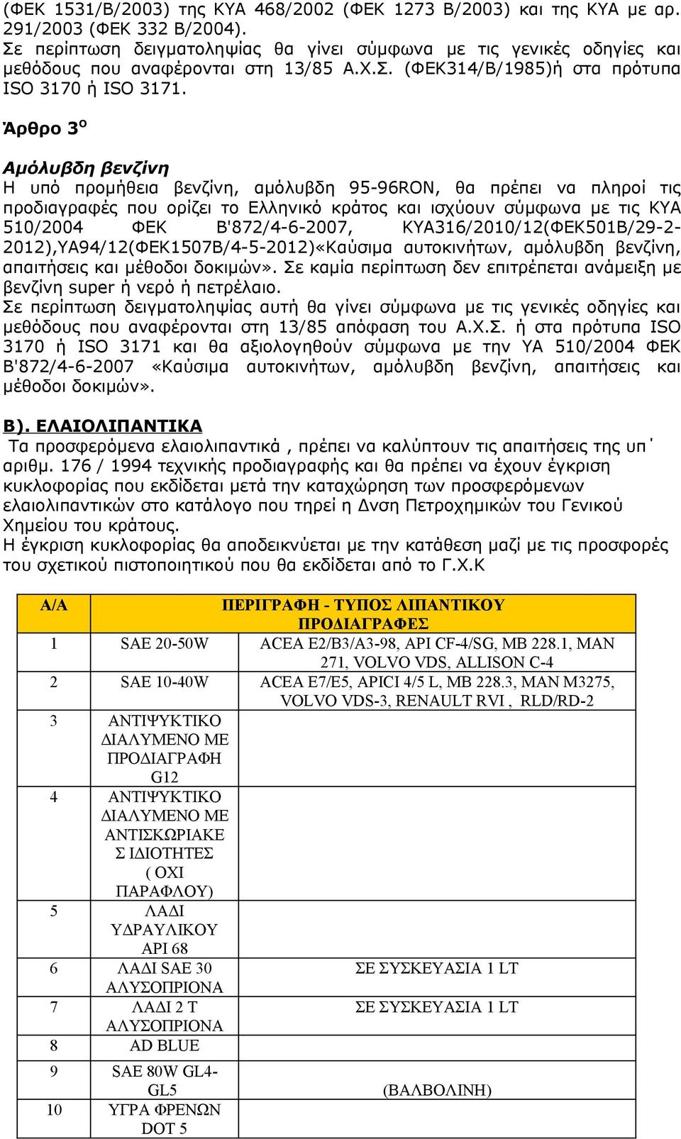 Άρθρο 3 Ο Αμόλυβδη βενζίνη Η υπό προμήθεια βενζίνη, αμόλυβδη 95-96RON, θα πρέπει να πληροί τις προδιαγραφές που ορίζει το Ελληνικό κράτος και ισχύουν σύμφωνα με τις ΚΥΑ 510/2004 ΦΕΚ Β'872/4-6-2007,