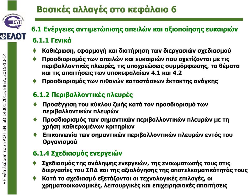 1 Γενικά Καθιέρωση, εφαρμογή και διατήρηση των διεργασιών σχεδιασμού Προσδιορισμός των απειλών και ευκαιριών που σχετίζονται με τις περιβαλλοντικές πλευρές, τις υποχρεώσεις συμμόρφωσης, τα θέματα και