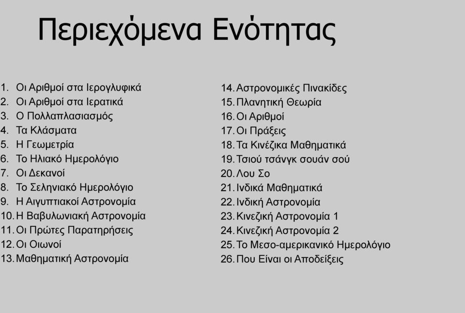 Μαθηματική Αστρονομία 14. Αστρονομικές Πινακίδες 15. Πλανητική Θεωρία 16. Οι Αριθμοί 17. Οι Πράξεις 18. Τα Κινέζικα Μαθηματικά 19.