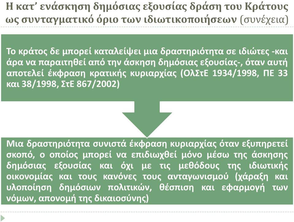 867/2002) Μια δραστηριότητα συνιστά έκφραση κυριαρχίας όταν εξυπηρετεί σκοπό, ο οποίος μπορεί να επιδιωχθεί μόνο μέσω της άσκησης δημόσιας εξουσίας και όχι με