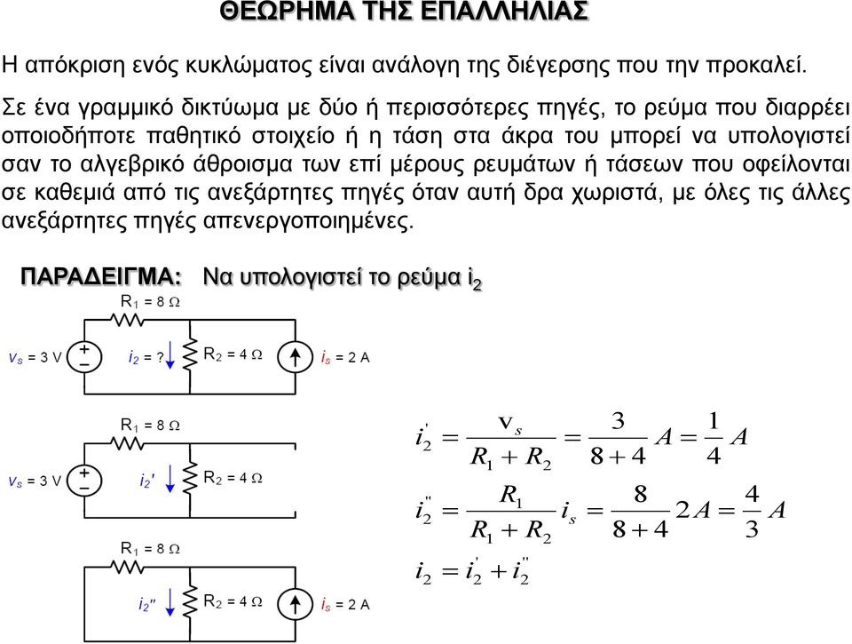 μπορεί να υπολογιστεί σαν το αλγεβρικό άθροισμα των επί μέρους ρευμάτων ή τάσεων που οφείλονται σε καθεμιά από τις ανεξάρτητες