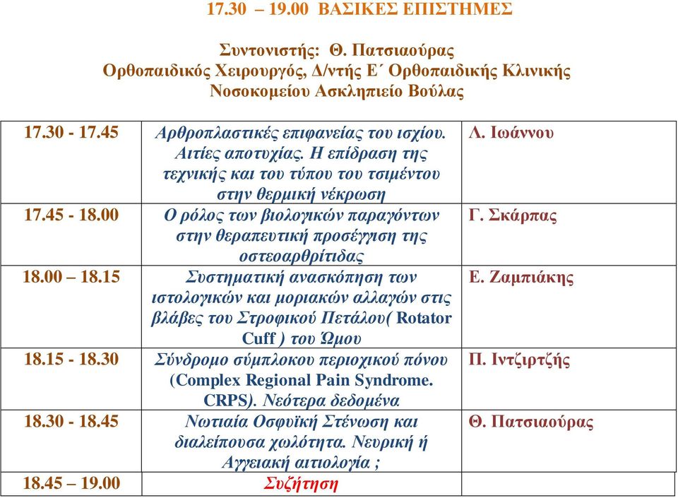 15 Συστηματική ανασκόπηση των ιστολογικών και μοριακών αλλαγών στις βλάβες του Στροφικού Πετάλου( Rotator Cuff ) του Ώμου 18.15-18.