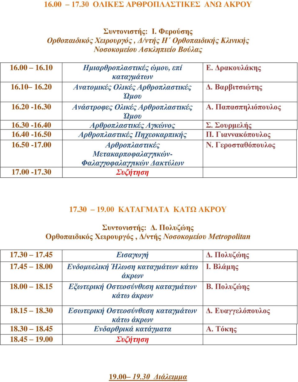 Σουρμελής 16.40-16.50 Αρθροπλαστικές Πηχεοκαρπικής Π. Γιαννακόπουλος 16.50-17.00 Αρθροπλαστικές Ν. Γεροσταθόπουλος Μετακαρποφαλαγγικών- Φαλαγγοφαλαγγικών Δακτύλων 17.00-17.30 Συζήτηση 17.30 19.