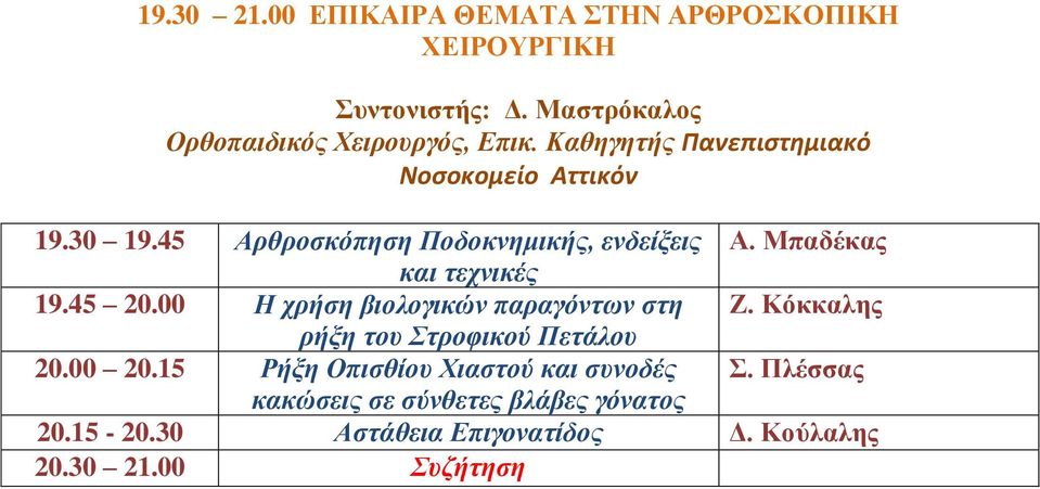 Μπαδέκας και τεχνικές 19.45 20.00 Η χρήση βιολογικών παραγόντων στη Ζ. Κόκκαλης ρήξη του Στροφικού Πετάλου 20.00 20.