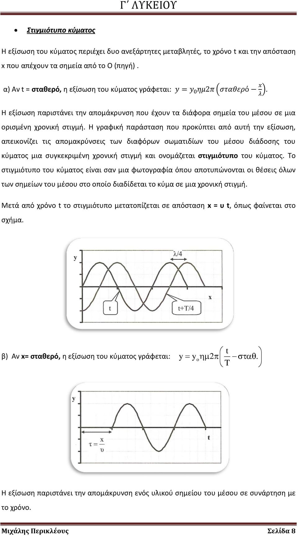 Η γραφική παράσταση που προκύπτει από αυτή την εξίσωση, απεικονίζει τις απομακρύνσεις των διαφόρων σωματιδίων του μέσου διάδοσης του κύματος μια συγκεκριμένη χρονική στιγμή και ονομάζεται στιγμιότυπο