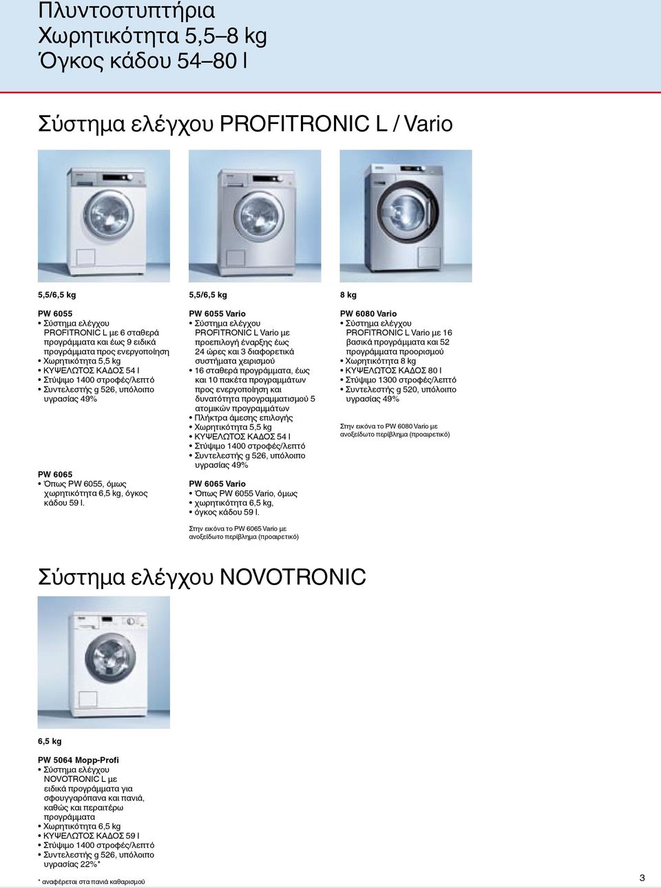 5,5/6,5 kg PW 6055 Vario PROFITRONIC L Vario με προεπιλογή έναρξης έως 24 ώρες και 3 διαφορετικά συστήματα χειρισμού 16 σταθερά προγράμματα, έως και 10 πακέτα προγραμμάτων προς ενεργοποίηση και