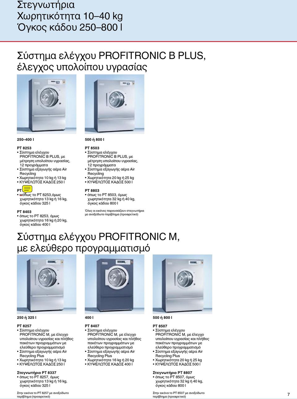 PROFITRONIC B PLUS, με μέτρηση υπολοίπου υγρασίας, 12 προγράμματα Σύστημα εξαγωγής αέρα Air Recycling Χωρητικότητα 20 kg ή 25 kg ΚΥΨΕΛΩΤΟΣ ΚΑΔΟΣ 500 l PT 8803 όπως το PT 8503, όμως χωρητικότητα 32 kg