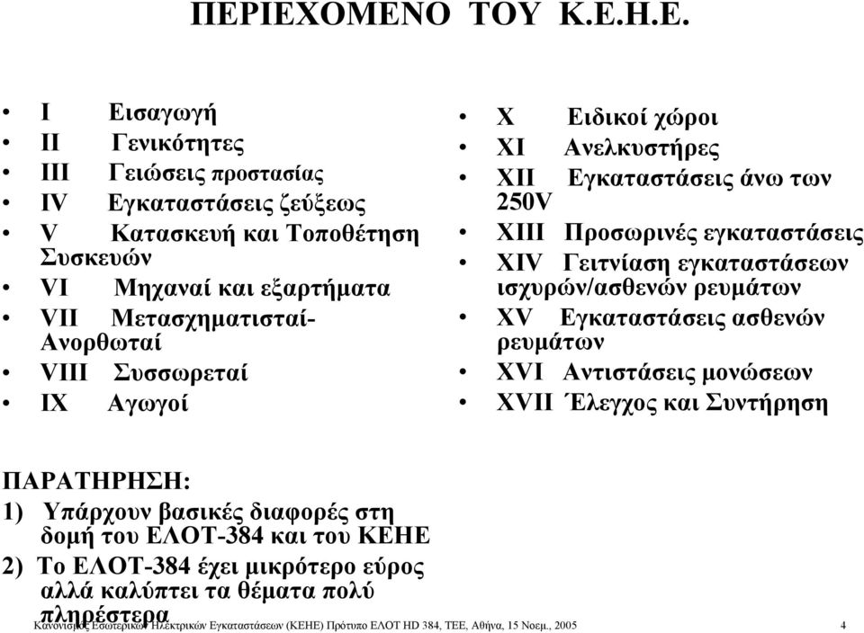 ισχυρών/ασθενών ρευμάτων XV Εγκαταστάσεις ασθενών ρευμάτων XVI Αντιστάσεις μονώσεων XVII Έλεγχος και Συντήρηση ΠΑΡΑΤΗΡΗΣΗ: 1) Υπάρχουν βασικές διαφορές στη δομή του ΕΛΟΤ-384