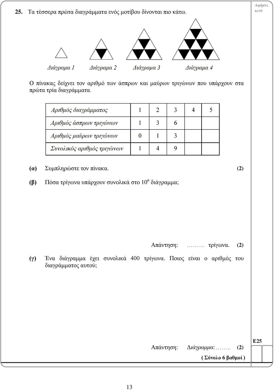 Συμπληρώστε τον πίνακα. (2) Πόσα τρίγωνα υπάρχουν συνολικά στο 10 ο διάγραμμα; Απάντηση: τρίγωνα.