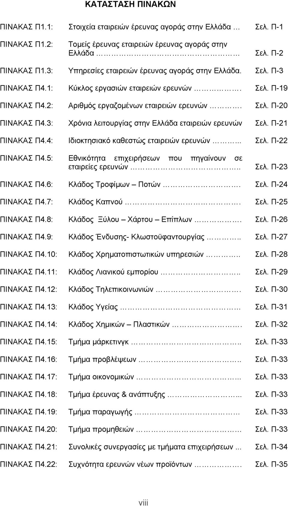 3: Χρόνια λειτουργίας στην Ελλάδα εταιρειών ερευνών Σελ. Π-21 ΠΙΝΑΚΑΣ Π4.4: Ιδιοκτησιακό καθεστώς εταιρειών ερευνών... Σελ. Π-22 ΠΙΝΑΚΑΣ Π4.