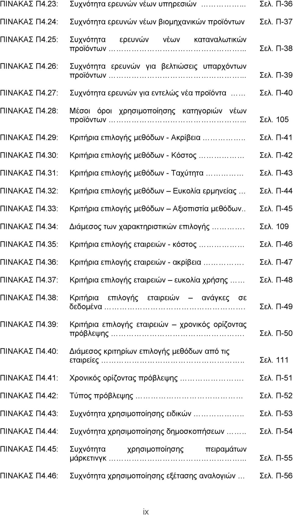 28: Μέσοι όροι χρησιμοποίησης κατηγοριών νέων προϊόντων... Σελ. 105 ΠΙΝΑΚΑΣ Π4.29: Κριτήρια επιλογής μεθόδων - Ακρίβεια.. Σελ. Π-41 ΠΙΝΑΚΑΣ Π4.30: Κριτήρια επιλογής μεθόδων - Κόστος Σελ.