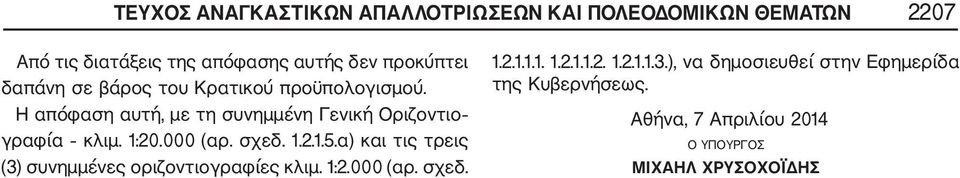 α) και τις τρεις (3) συνημμένες οριζοντιογραφίες κλιμ. 1:2.000 (αρ. σχεδ. 1.2.1.1.1. 1.2.1.1.2. 1.2.1.1.3.), να δημοσιευθεί στην Εφημερίδα της Κυβερνήσεως.