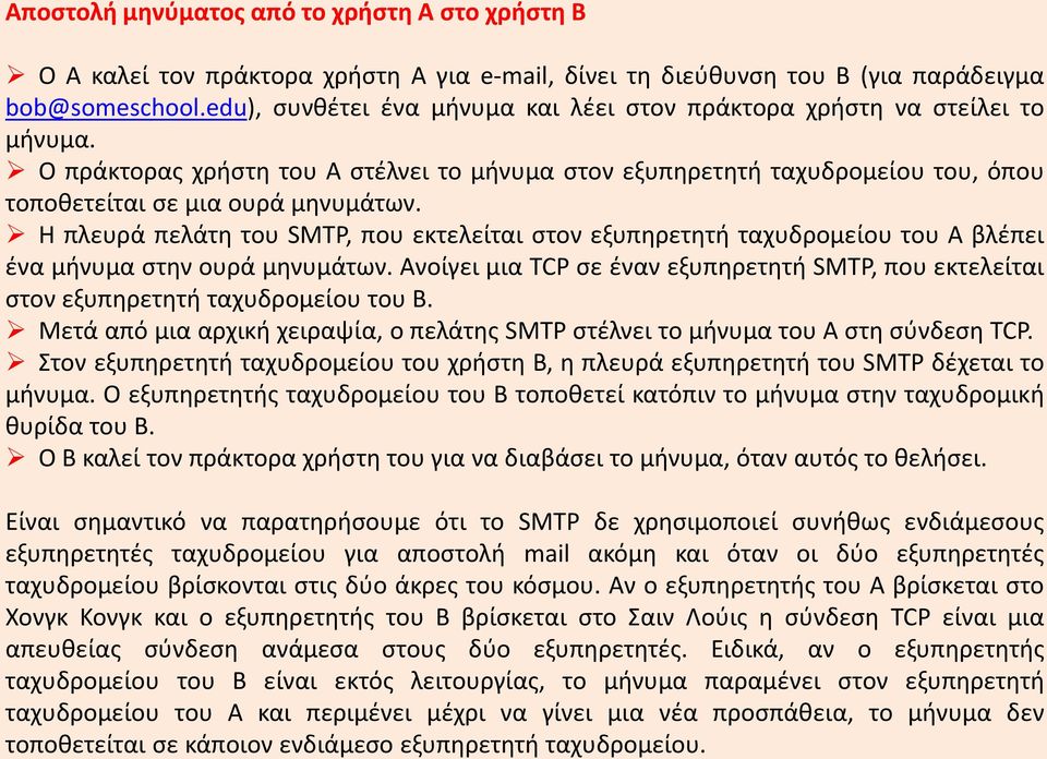 Η πλευρά πελάτη του SMTP, που εκτελείται στον εξυπηρετητή ταχυδρομείου του Α βλέπει ένα μήνυμα στην ουρά μηνυμάτων.