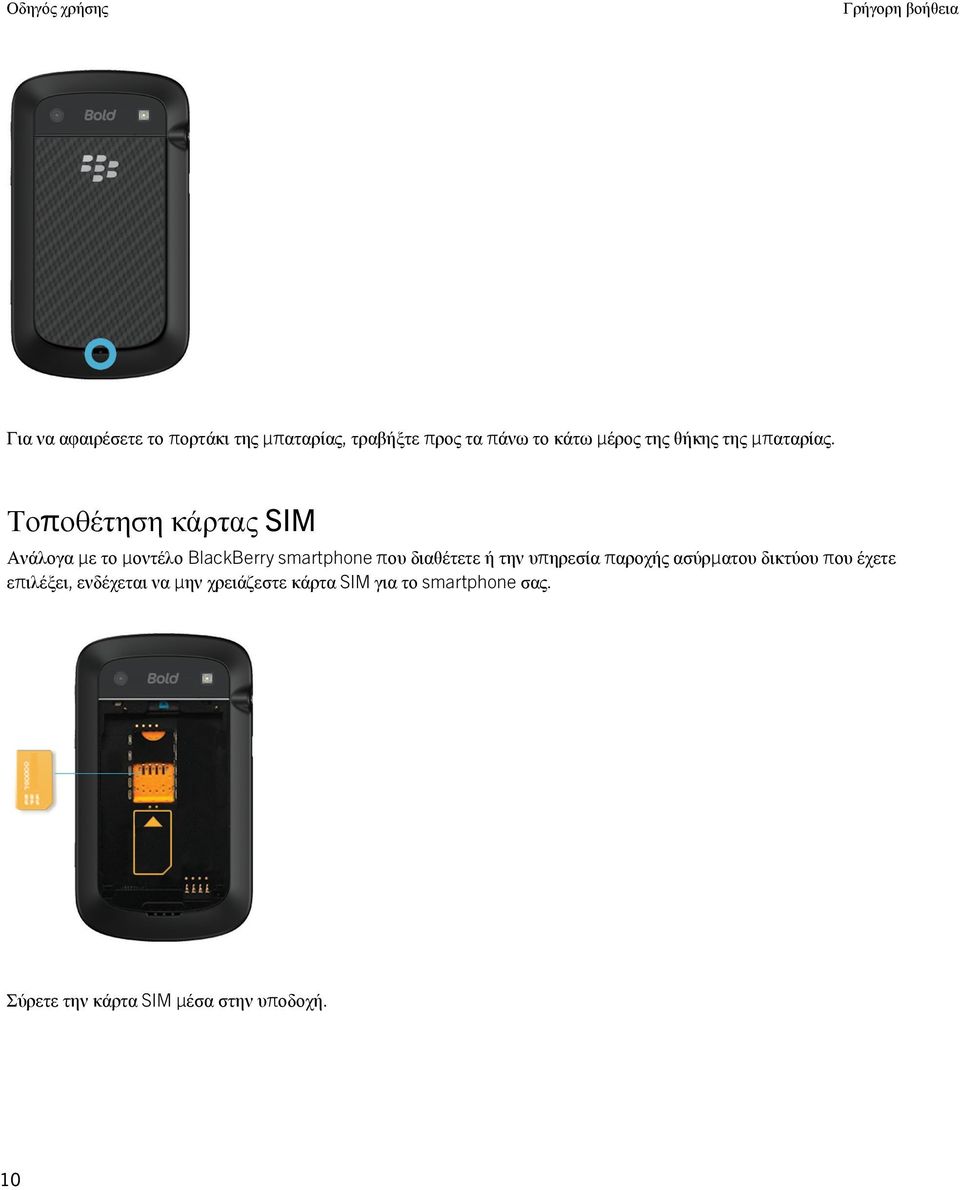 Τοποθέτηση κάρτας SIM Ανάλογα με το μοντέλο BlackBerry smartphone που διαθέτετε ή την