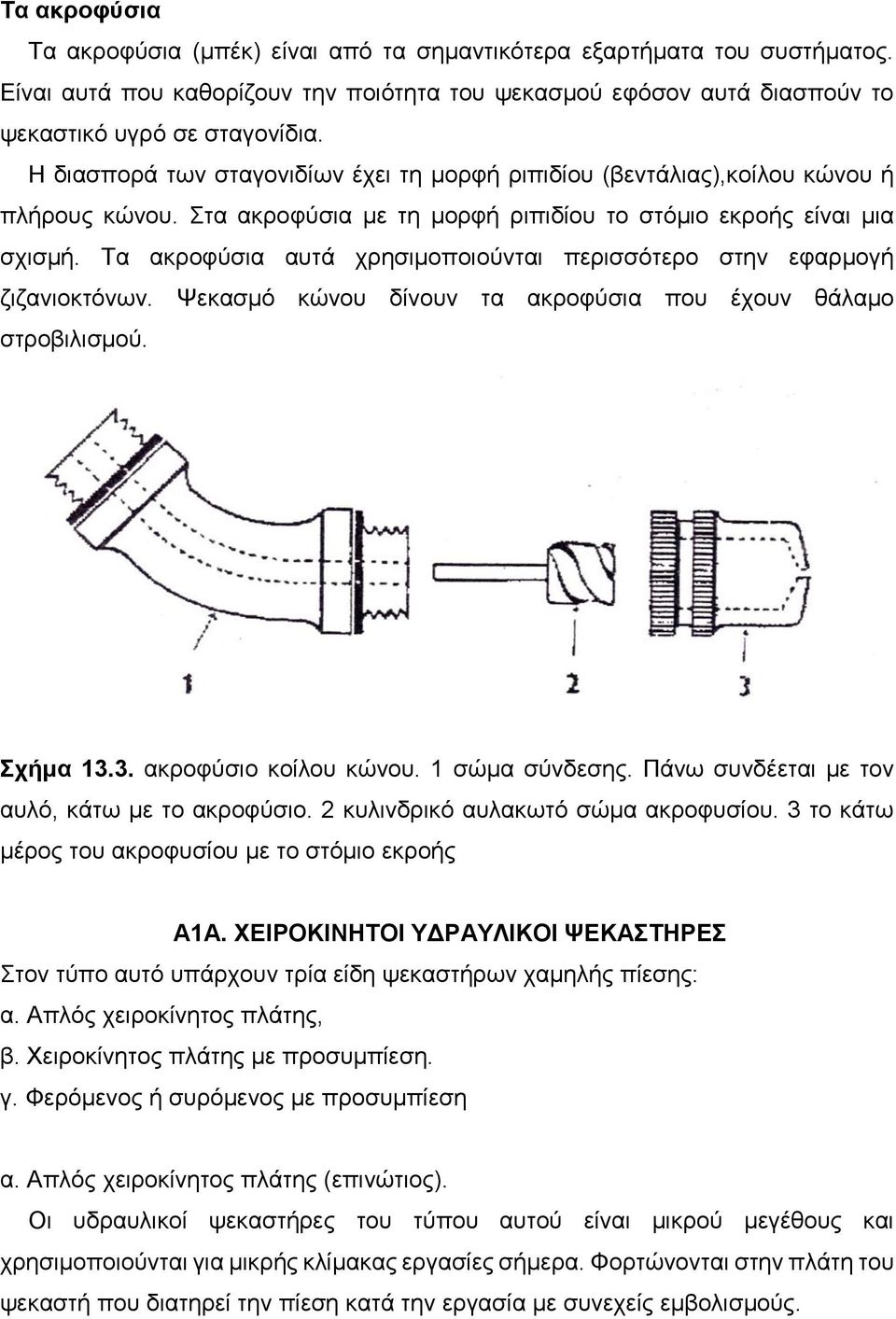 Τα ακροφύσια αυτά χρησιμοποιούνται περισσότερο στην εφαρμογή ζιζανιοκτόνων. Ψεκασμό κώνου δίνουν τα ακροφύσια που έχουν θάλαμο στροβιλισμού. Σχήμα 13.3. ακροφύσιο κοίλου κώνου. 1 σώμα σύνδεσης.