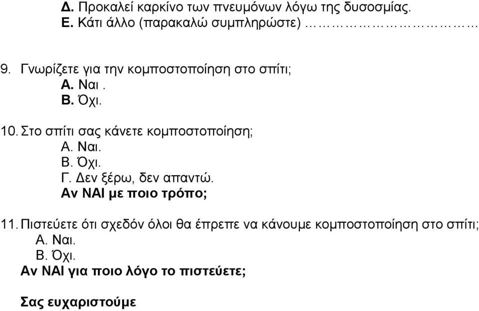 Στο σπίτι σας κάνετε κομποστοποίηση; Α. Ναι. Β. Όχι. Γ. Δεν ξέρω, δεν απαντώ.