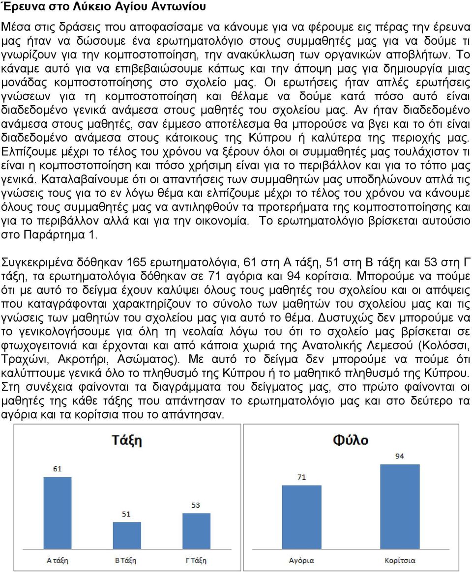 Οι ερωτήσεις ήταν απλές ερωτήσεις γνώσεων για τη κομποστοποίηση και θέλαμε να δούμε κατά πόσο αυτό είναι διαδεδομένο γενικά ανάμεσα στους μαθητές του σχολείου μας.