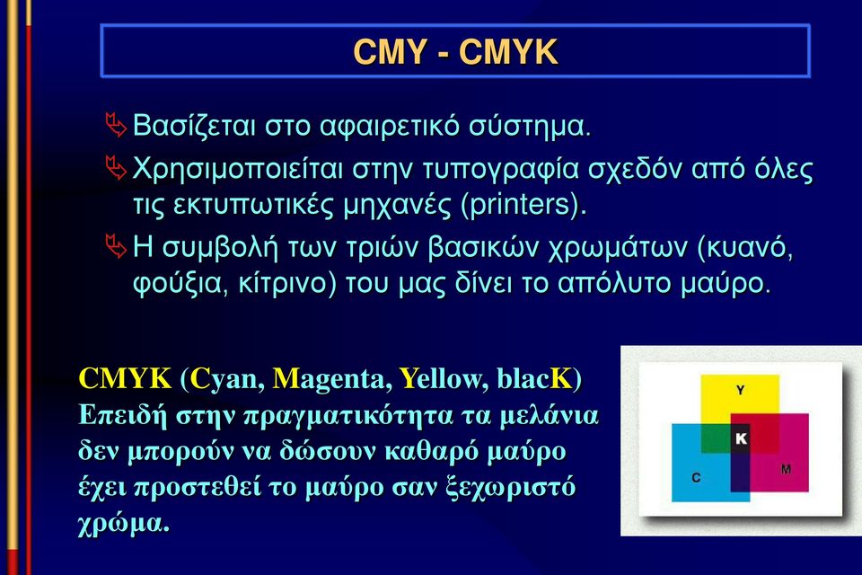 Η συμβολή των τριών βασικών χρωμάτων (κυανό, φούξια, κίτρινο) του μας δίνει το απόλυτο μαύρο.