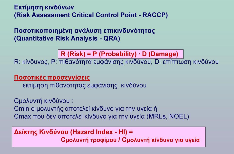 Ποσοτικές προσεγγίσεις εκτίμηση πιθανότητας εμφάνισης κινδύνου Cμολυντή κινδύνου : Cmin ο μολυντής αποτελεί κίνδυνο για την υγεία