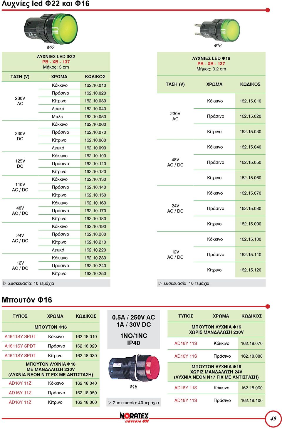 10.170 Κίτρινο 162.10.180 Κόκκινο 162.10.190 Πράσινο 162.10.200 Κίτρινο 162.10.210 Λευκό 162.10.220 Κόκκινο 162.10.230 Πράσινο 162.10.240 Κίτρινο 162.10.250 ΛΥΧΝΙΕΣ LED Φ16 ΡΒ - ΧΒ - 137 Μήκος: 3.