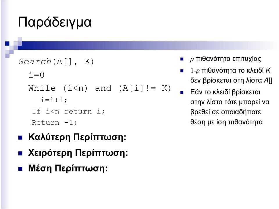 Μέση Περίπτωση: p πιθανότητα επιτυχίας 1-p πιθανότητα το κλειδί K δεν βρίσκεται