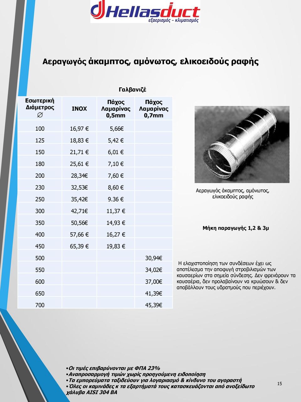 36 Αεραγωγός άκαμπτος, αμόνωτος, ελικοειδούς ραφής 300 42,71 11,37 350 50,56 14,93 400 57,66 16,27 Μήκη παραγωγής 1,2 & 3μ 450 65,39 19,83 500 550 600