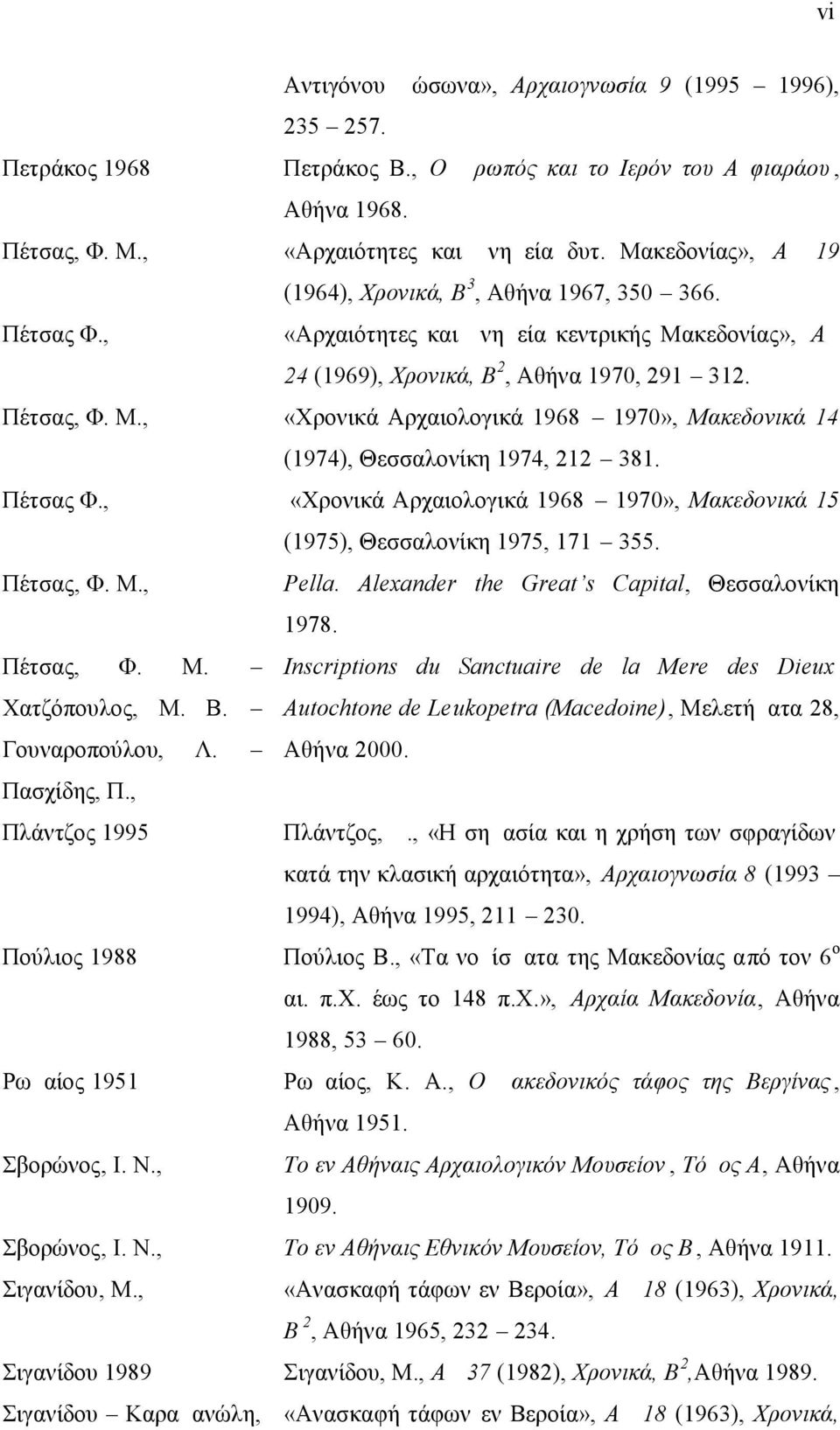 Πέτσας Φ., «Χρονικά Αρχαιολογικά 1968 1970», Μακεδονικά 15 (1975), Θεσσαλονίκη 1975, 171 355. Πέτσας, Φ. Μ., Pella. Alexander the Great s Capital, Θεσσαλονίκη 1978. Πέτσας, Φ. Μ. Inscriptions du Sanctuaire de la Mere des Dieux Χατζόπουλος, Μ.