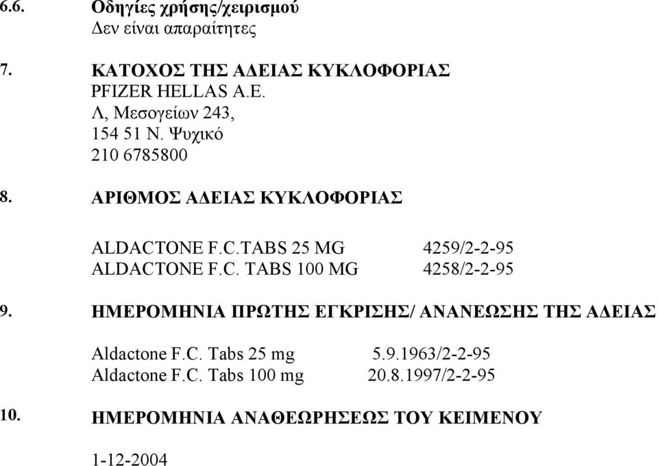 ONE F.C.TABS 25 MG 4259/2-2-95 ALDACTONE F.C. TABS 100 MG 4258/2-2-95 9.