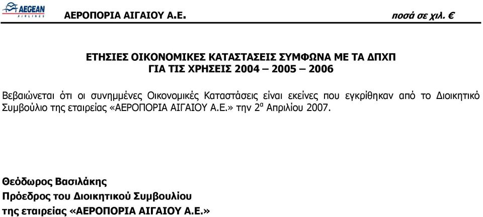 το Διοικητικό Συμβούλιο της εταιρείας «ΑΕΡΟΠΟΡΙΑ ΑΙΓΑΙΟΥ Α.Ε.» την 2 α Απριλίου 2007.