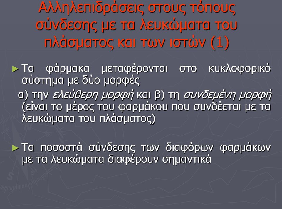 και β) τη συνδεμένη μορφή (είναι το μέρος του φαρμάκου που συνδέεται με τα λευκώματα