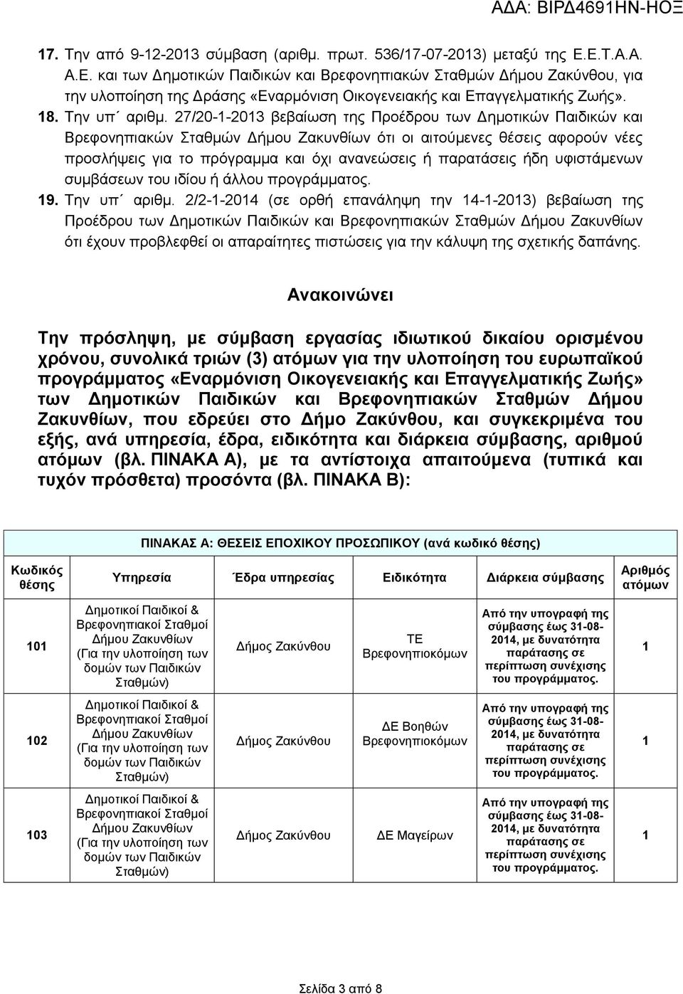 27/20-1-2013 βεβαίωση της Προέδρου των Δημοτικών Παιδικών και Βρεφονηπιακών Σταθμών Δήμου Ζακυνθίων ότι οι αιτούμενες θέσεις αφορούν νέες προσλήψεις για το πρόγραμμα και όχι ανανεώσεις ή παρατάσεις