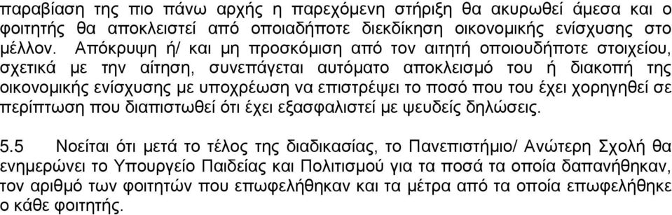 να επιστρέψει το ποσό που του έχει χορηγηθεί σε περίπτωση που διαπιστωθεί ότι έχει εξασφαλιστεί με ψευδείς δηλώσεις. 5.