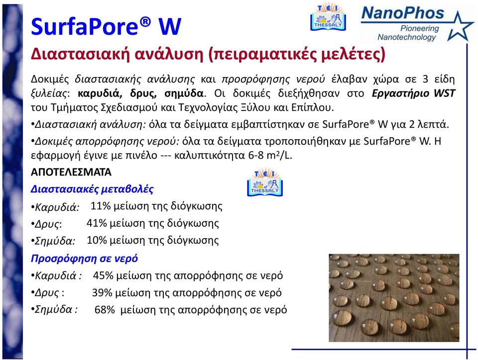 Δοκιμές απορρόφησης νερού: όλα τα δείγματα τροποποιήθηκαν με SurfaPore W. Η εφαρμογή έγινε με πινέλο -- καλυπτικότητα 6 8 m 2 /L.