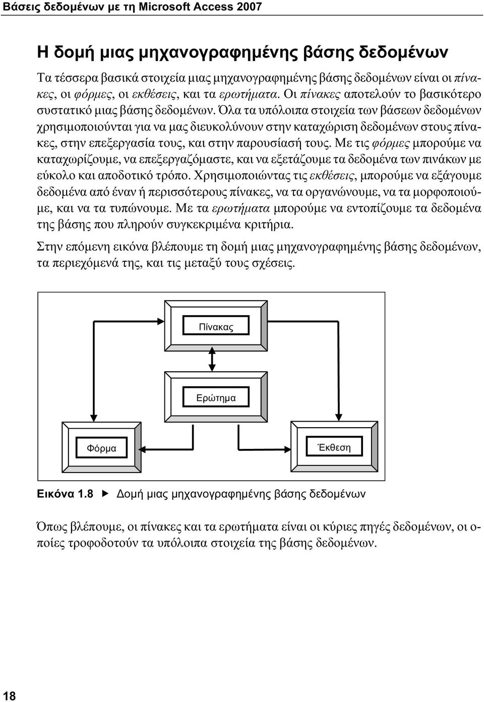 Όλα τα υπόλοιπα στοιχεία των βάσεων δεδομένων χρησιμοποιούνται για να μας διευκολύνουν στην καταχώριση δεδομένων στους πίνακες, στην επεξεργασία τους, και στην παρουσίασή τους.