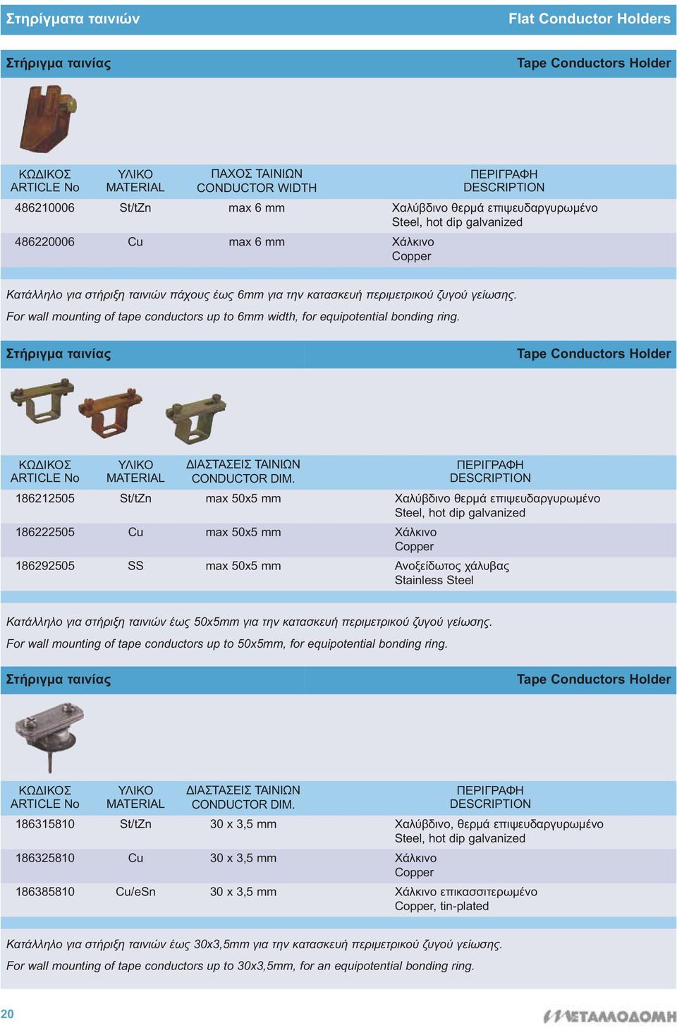 For wall mounting of tape conductors up to 6mm width, for equipotential bonding ring. Στήριγμα ταινίας Tape Conductors Holder ΔΙΑΣΤΑΣΕΙΣ TAINIΩΝ CONDUCTOR DIM.