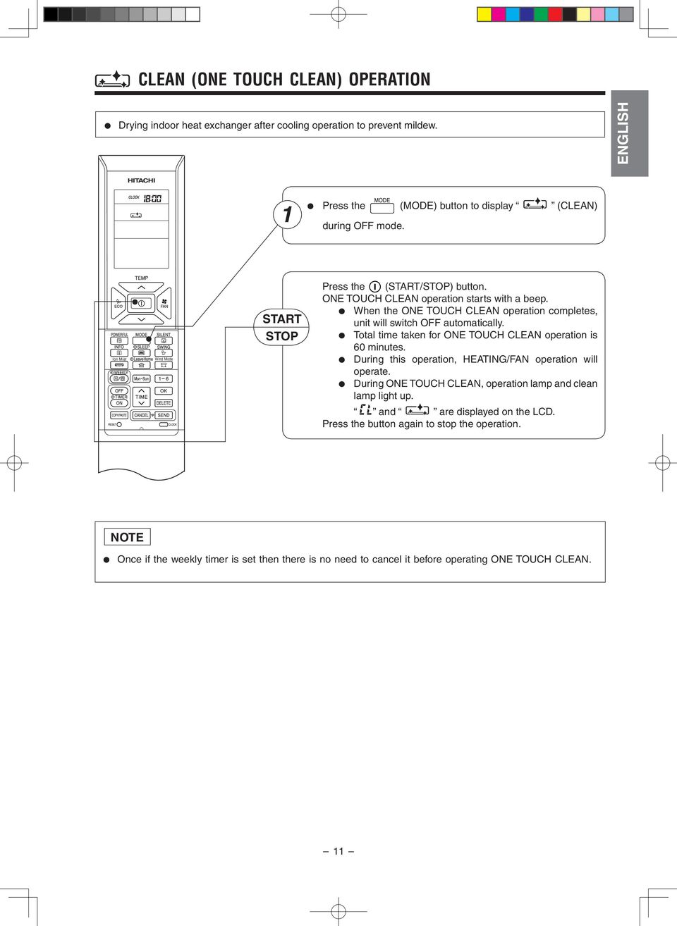 When the ONE TOUCH CLEAN operation completes, unit will switch OFF automatically. Total time taken for ONE TOUCH CLEAN operation is 60 minutes.
