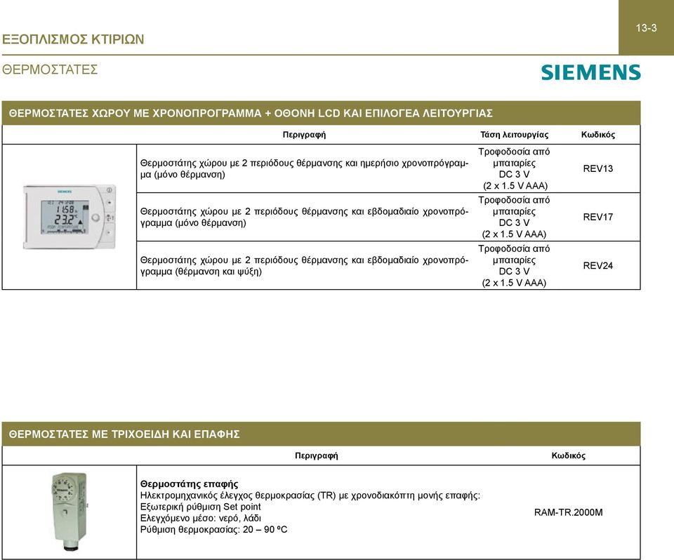 θέρμανσης και εβδομαδιαίο χρονοπρόγραμμα (θέρμανση και ψύξη) REV13 REV17 REV24 ΘΕΡΜΟΣΤΑΤΕΣ ΜΕ ΤΡΙΧΟΕΙΔΗ ΚΑΙ ΕΠΑΦΗΣ Περιγραφή Θερμοστάτης επαφής