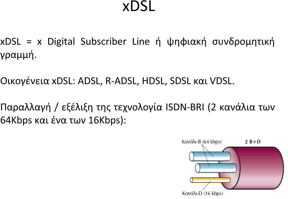 Οικογένεια xdsl: ADSL, R-ADSL, HDSL, SDSL και VDSL.