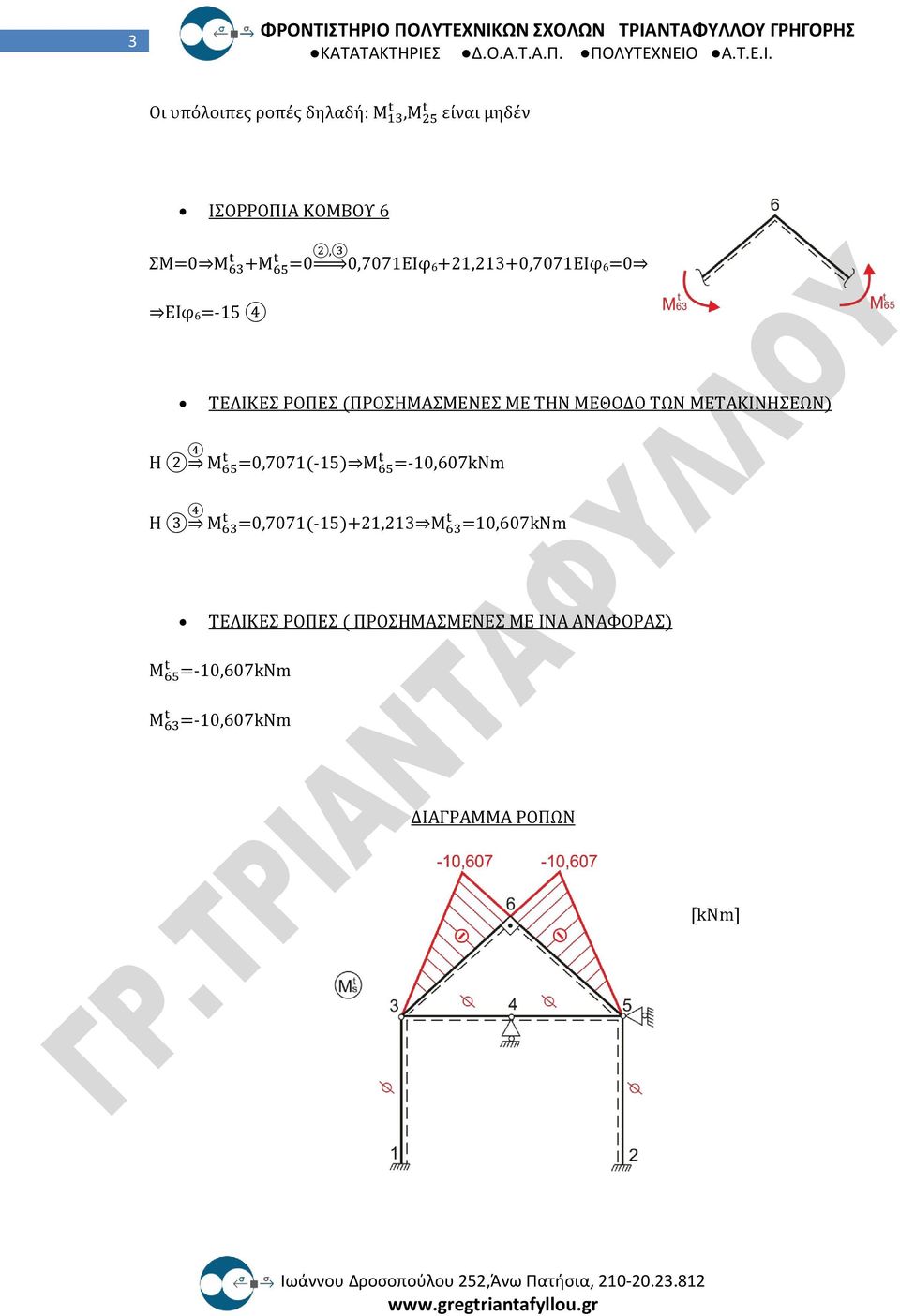 ΜΕΤΑΚΙΝΗΣΕΩΝ) Η 2 4 Μ t 65 =0,7071(-15) Μ t 65 =-10,607kNm Η 3 4 Μ t 63 =0,7071(-15)+21,213 Μ t 63