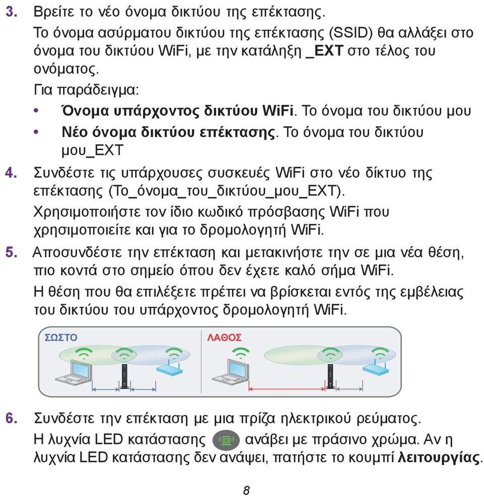 Συνδέστε τις υπάρχουσες συσκευές WiFi στο νέο δίκτυο της επέκτασης (Το_όνομα_του_δικτύου_μου_EXT). Χρησιμοποιήστε τον ίδιο κωδικό πρόσβασης WiFi που χρησιμοποιείτε και για το δρομολογητή WiFi. 5.