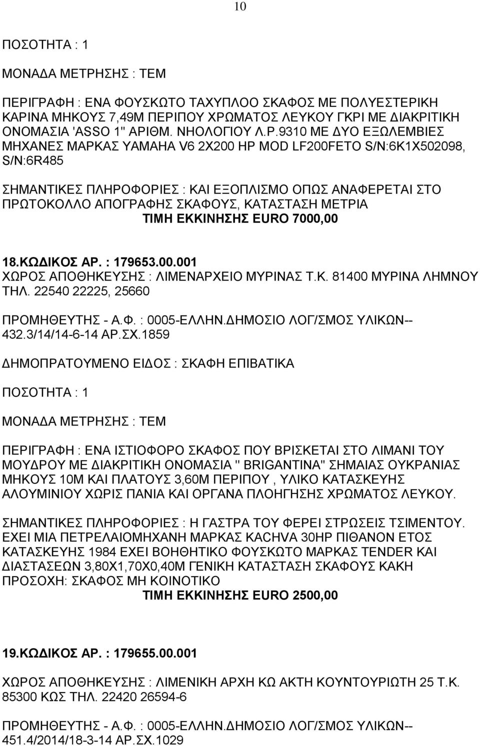 ΥΑΜΑΗΑ V6 2Χ200 HP MOD LF200FETO S/N:6Κ1Χ502098, S/N:6R485 ΣΗΜΑΝΤΙΚΕΣ ΠΛΗΡΟΦΟΡΙΕΣ : ΚΑΙ ΕΞΟΠΛΙΣΜΟ ΟΠΩΣ ΑΝΑΦΕΡΕΤΑΙ ΣΤΟ ΠΡΩΤΟΚΟΛΛΟ ΑΠΟΓΡΑΦΗΣ ΣΚΑΦΟΥΣ, ΚΑΤΑΣΤΑΣΗ ΜΕΤΡΙΑ ΤΙΜΗ ΕΚΚΙΝΗΣΗΣ EURO 7000,00 18.