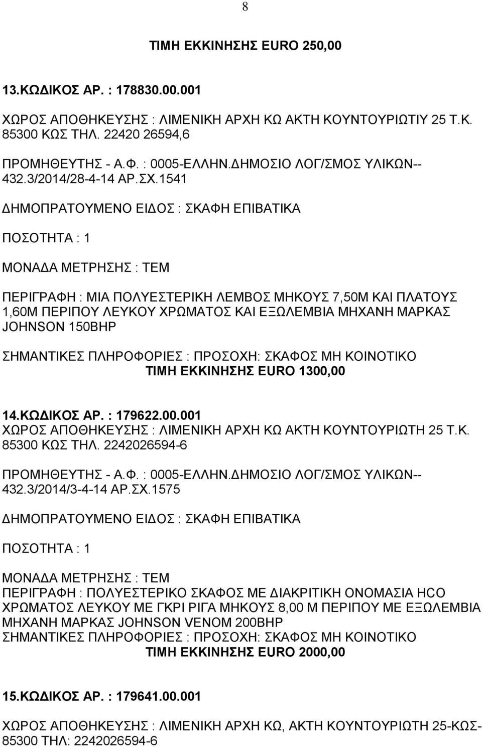 00 14.ΚΩΔΙΚΟΣ ΑΡ. : 179622.00.001 ΧΩΡΟΣ ΑΠΟΘΗΚΕΥΣΗΣ : ΛΙΜΕΝΙΚΗ ΑΡΧΗ ΚΩ ΑΚΤΗ ΚΟΥΝΤΟΥΡΙΩΤΗ 25 Τ.Κ. 85300 ΚΩΣ ΤΗΛ. 2242026594-6 432.3/2014/3-4-14 ΑΡ.ΣΧ.