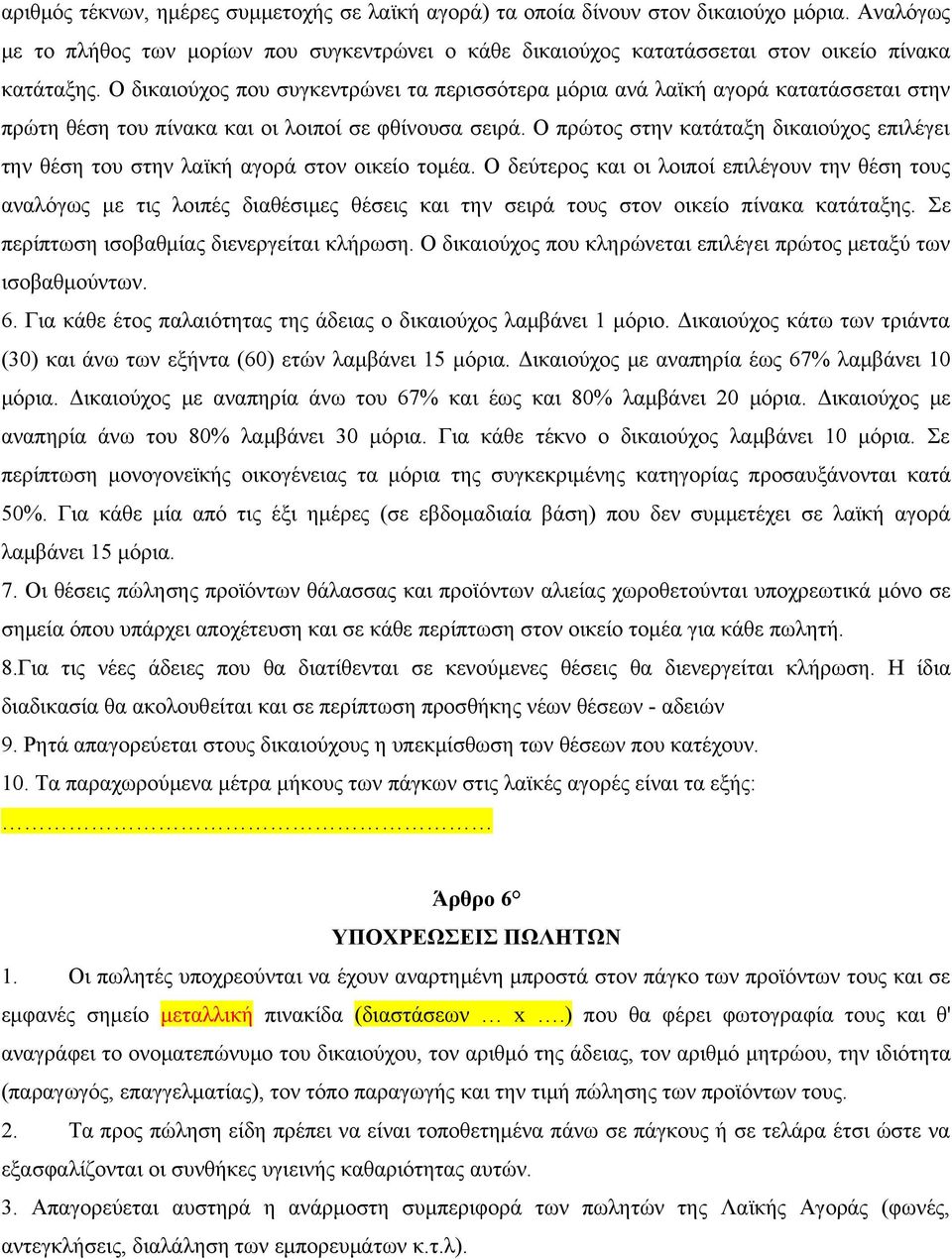 Ο πρώτος στην κατάταξη δικαιούχος επιλέγει την θέση του στην λαϊκή αγορά στον οικείο τομέα.
