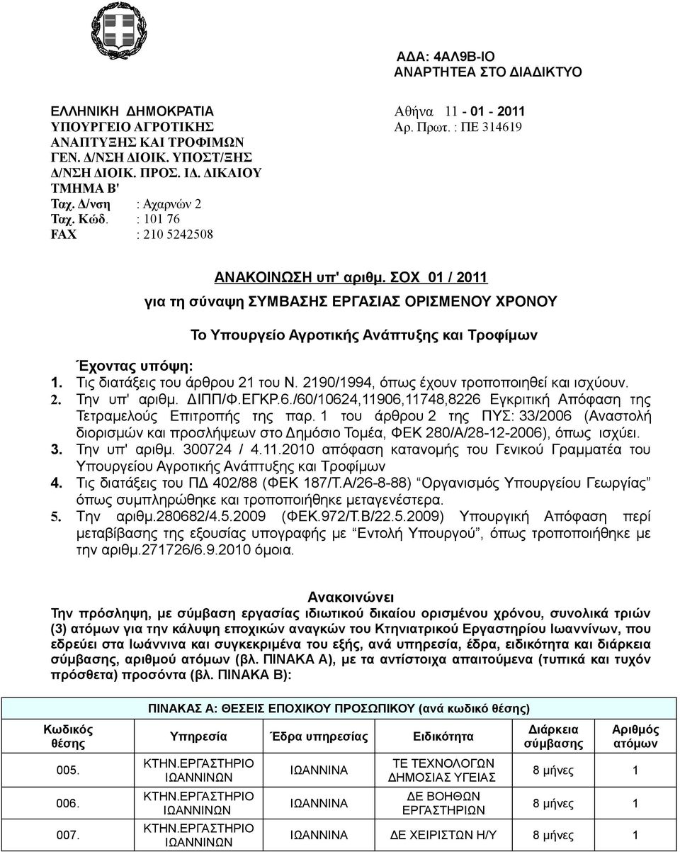 ΣΟΧ 01 / 2011 για τη σύναψη ΣΥΜΒΑΣΗΣ ΕΡΓΑΣΙΑΣ ΟΡΙΣΜΕΝΟΥ ΧΡΟΝΟΥ Το Υπουργείο Αγροτικής Ανάπτυξης και Τροφίμων Έχοντας υπόψη: 1. Τις διατάξεις του άρθρου 21 του Ν.